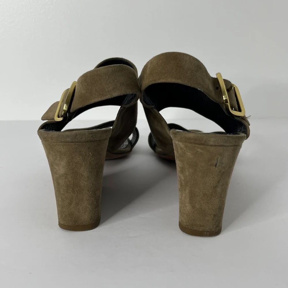 Celine Olive Suede Block Heel Sandals with Gold Buckle - Picture 2 of 6